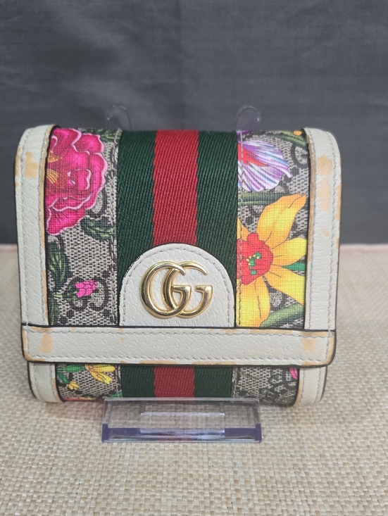 Gucci Handbags - Gucci Floral Canvas Mini Wallet with Green-Red Web and White Trim